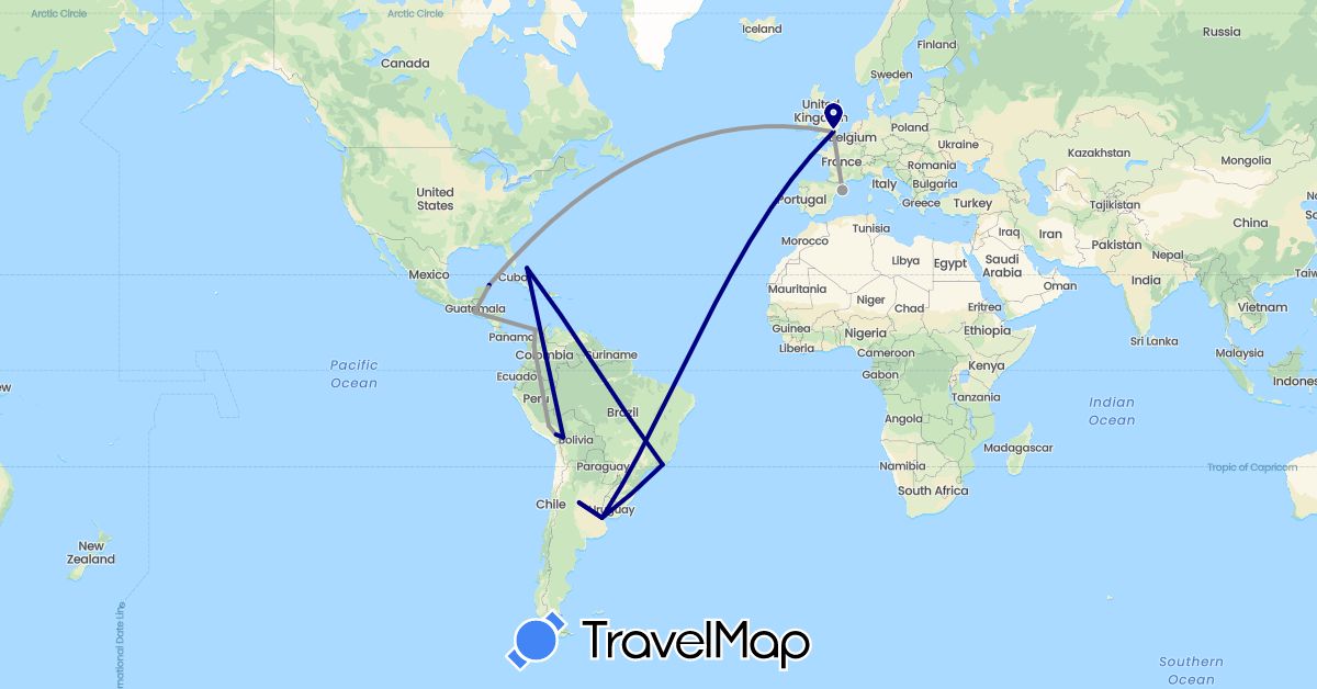 TravelMap itinerary: driving, plane in Argentina, Bolivia, Brazil, Bahamas, Colombia, Spain, United Kingdom, Guatemala, Mexico, Peru (Europe, North America, South America)